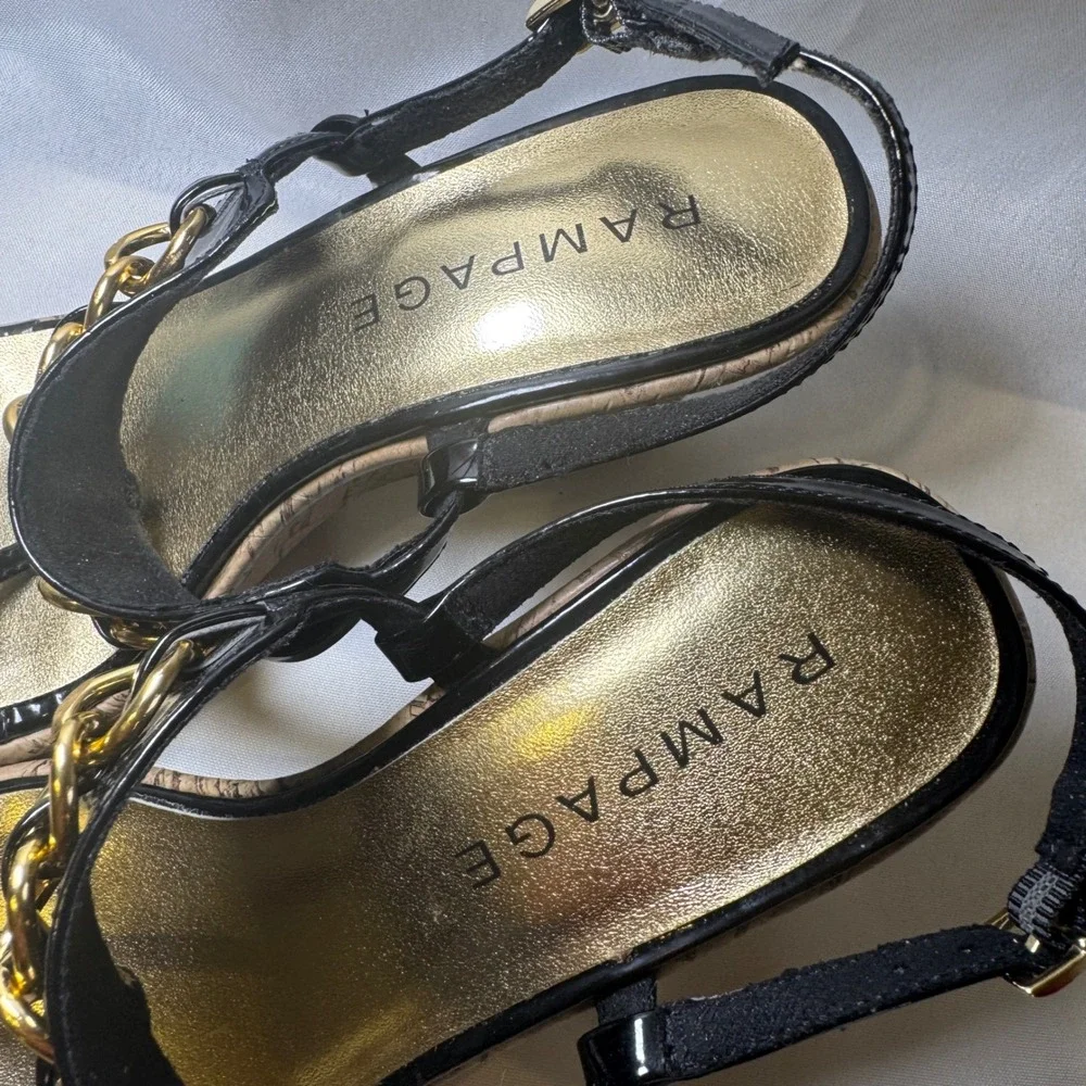 Rampage Briton Women's Black Patent Gold Chain‎ Cork Wedge Sandals Size 8.5 M